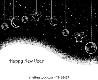 Black Happy New Year snowflake background, with space for text.