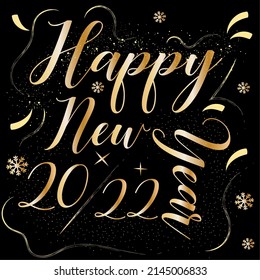 Plantilla de año nuevo feliz negro con texto dorado Vector