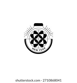 Black "Happy New Year" Text Icon Vector with Stars for Holiday Greeting, Celebration Typography, and Festive Graphics.