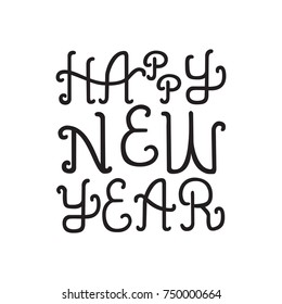 Black Happy New Year Vector Lettering. Holiday Hand Drawn Custom Type for Card, Banner, Poster Template. Typography for Greeting Gift Design. 