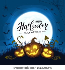 Black happy pumpkins and Moon with lettering Happy Halloween on blue night background. Holiday card with Jack O' Lanterns, bats and spiders. Illustration can be used for cards, invitations and banners