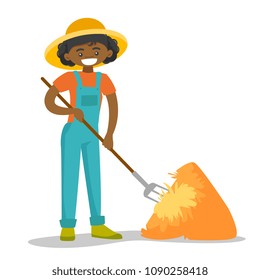 A black happy woman with a pitchfork and a haystack on a farm field in big hat. Farming, country, agriculture and gardening concept. Vector cartoon illustration isolated on white background.