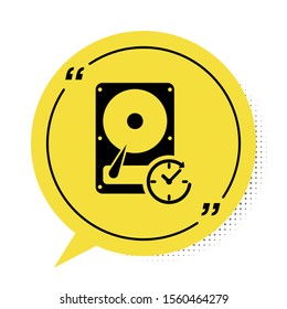 Black Hard disk drive with clockwise sign, data recovery icon isolated on white background. Yellow speech bubble symbol. Vector Illustration