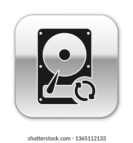 Black Hard disk drive (HDD) sync refresh icon isolated on white background. Silver square button. Vector Illustration