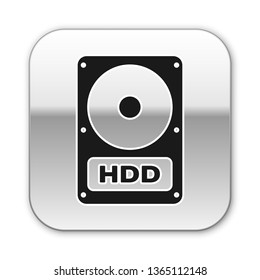 Black Hard disk drive (HDD) icon isolated on white background. Silver square button. Vector Illustration
