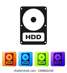 Black Hard disk drive (HDD) icon isolated on white background. Set icon in color square buttons. Vector Illustration