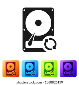 Black Hard disk drive (HDD) sync refresh icon isolated on white background. Set icon in color square buttons. Vector Illustration