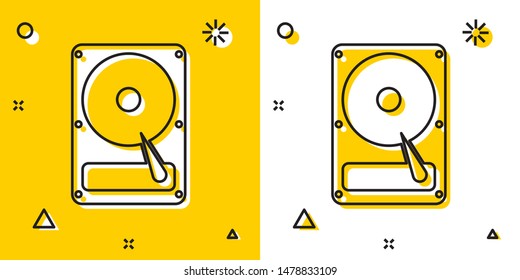 Black Hard disk drive HDD icon isolated on yellow and white background. Random dynamic shapes. Vector Illustration