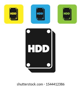 Black Hard disk drive HDD icon isolated on white background. Set of colorful square icon buttons. Vector Illustration