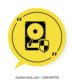 Black Hard disk drive HDD protection icon isolated on white background. Yellow speech bubble symbol. Vector Illustration