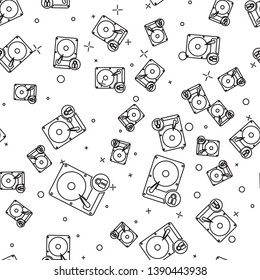 Black Hard disk drive and lock icon isolated seamless pattern on white background. HHD and padlock. Security, safety, protection concept. Vector Illustration