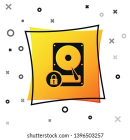 Black Hard disk drive and lock icon isolated on white background. HHD and padlock. Security, safety, protection concept. Yellow square button. Vector Illustration