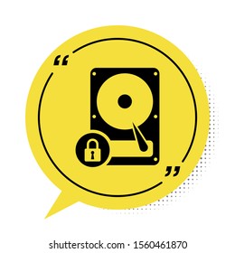 Black Hard disk drive and lock icon isolated on white background. HHD and padlock. Security, safety, protection concept. Yellow speech bubble symbol. Vector Illustration