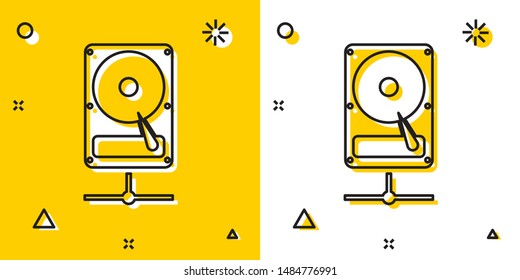 Black Hard disk drive on sharing network icon isolated on yellow and white background. Random dynamic shapes. Vector Illustration