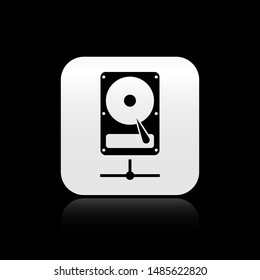 Black Hard disk drive on sharing network icon isolated on black background. Silver square button. Vector Illustration