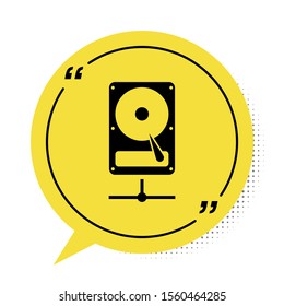 Black Hard disk drive on sharing network icon isolated on white background. Yellow speech bubble symbol. Vector Illustration