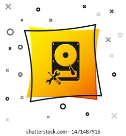Black Hard disk drive with screwdriver and wrench icon isolated on white background. Adjusting, service, setting, maintenance, repair, fixing. Yellow square button. Vector Illustration