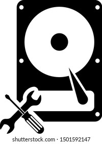 Black Hard disk drive with screwdriver and wrench icon isolated on white background. Adjusting, service, setting, maintenance, repair, fixing.  Vector Illustration