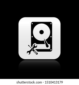 Black Hard disk drive with screwdriver and wrench icon isolated on black background. Adjusting, service, setting, maintenance, repair, fixing. Silver square button. Vector Illustration