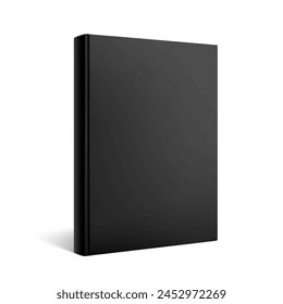 Black hardcover book mockup. Vector illustration isolated on white background. It can be used for promo, catalogs, brochures, magazines, etc. Ready for your design. EPS10.