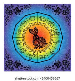 Black Hare, rabbit with flower rainbow painting, vector illustration