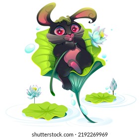 Black hare symbol 2023 year lie leaf lotus. Cute funny rabbit vector cartoon illustration isolated on white
