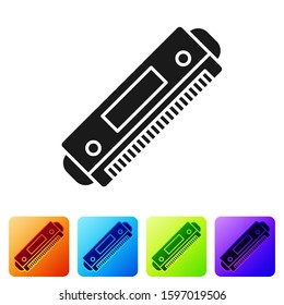 Black Harmonica icon isolated on white background. Musical instrument. Set icons in color square buttons. Vector Illustration