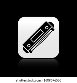 Black Harmonica icon isolated on black background. Musical instrument. Silver square button. Vector Illustration