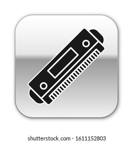 Black Harmonica icon isolated on white background. Musical instrument. Silver square button. Vector Illustration