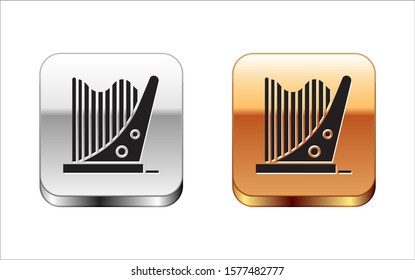 Black Harp icon isolated on white background. Classical music instrument, orhestra string acoustic element. Silver-gold square button. Vector Illustration