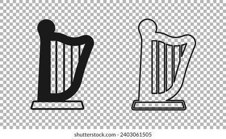 Black Harp icon isolated on transparent background. Classical music instrument, orhestra string acoustic element.  Vector