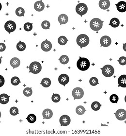 Black Hashtag in circle icon isolated seamless pattern on white background. Social media symbol, concept of number sign, social media, micro blogging pr popularity.  Vector Illustration