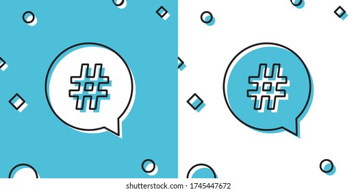 Black Hashtag in circle icon isolated on blue and white background. Social media symbol, concept of number sign, social media, micro blogging pr popularity. Random dynamic shapes. Vector Illustration