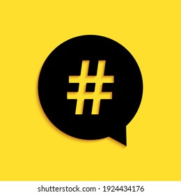 Black Hashtag in circle icon isolated on yellow background. Social media symbol, concept of number sign, social media, micro blogging pr popularity. Long shadow style. Vector