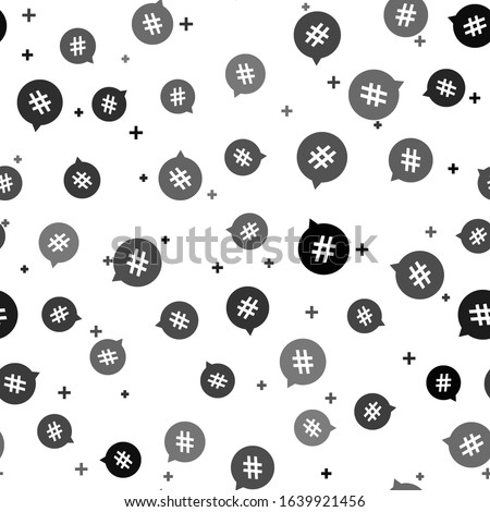 Black Hashtag in circle icon isolated seamless pattern on white background. Social media symbol, concept of number sign, social media, micro blogging pr popularity.  Vector Illustration