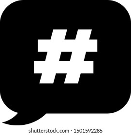 Black Hashtag speech bubble icon isolated on white background. Concept of number sign, social media marketing, micro blogging.  Vector Illustration