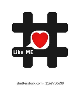 Black Hashtag with white speech bubble and red heart concept illustration. Symbol for sending and like posts and sharing them in social media. Flat vector icon. Modern design for banner, poster slogan