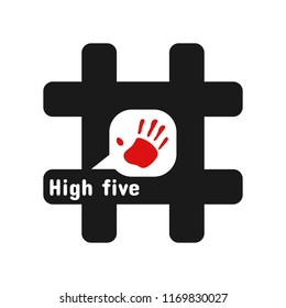 Black Hashtag with white speech bubble and red hand concept illustration. Symbol high five or give me hand. Flat vector icon sharing them in social media. Modern design for banner, poster slogan