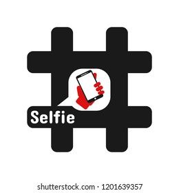 Black Hashtag with white speech bubble and red hand with smartphone makes a selfie. Symbol for sending and like posts and sharing them in social media. Flat vector icon.