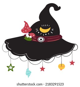 Black hat decorated with fly agarics, crescent moon and hanging ornaments