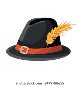 Black hat with an ear of wheat on top.