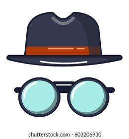 Black hat and glasses icon. Cartoon illustration of black hat and glasses vector icon for web