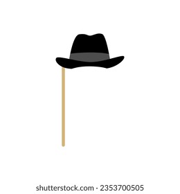 Black hat with gray strip on stick flat style, vector illustration isolated on white background. Part of carnival costume, decorative design element, holiday accessory