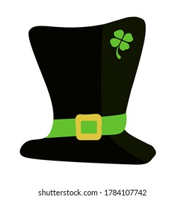 black hat with green sash, green four leaf clover brooch, lucky charm isolated on white background, flat design vector illustration