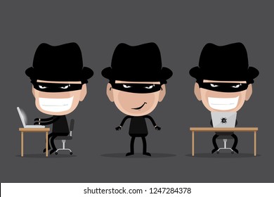 Black hat hacker in three action, malware virus, cartoon character. Flat Vector Illustration