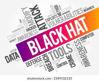 Black Hat is a hacker who violates computer security for their own personal profit or out of malice, word cloud concept background