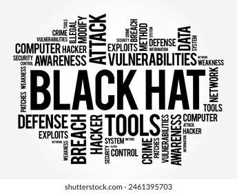 Black Hat is a hacker who violates computer security for their own personal profit or out of malice, word cloud concept background