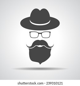 black hat with mustache, beard and glasses isolated on a grey background