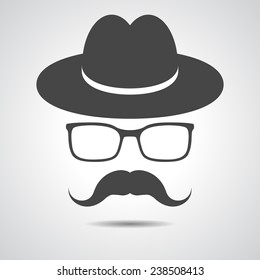 black hat with mustache and glasses isolated on a grey background