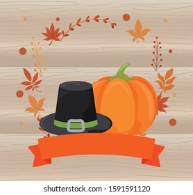 Black hat pumpkin and leaves of thanksgiving day design, Autumn season holiday greeting and traditional theme Vector illustration